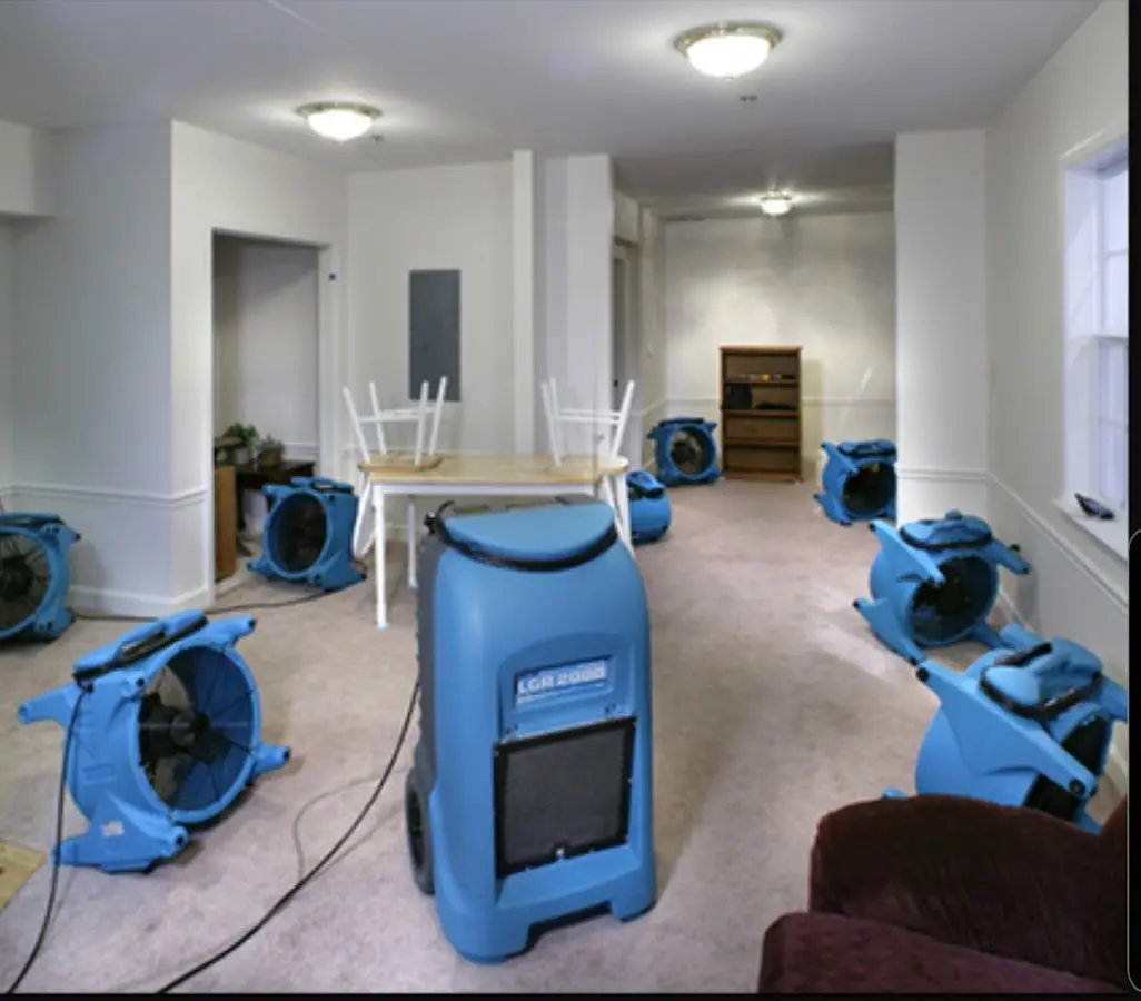Air movers and dehumidifier setup for Water Damage Restoration in East Foothills